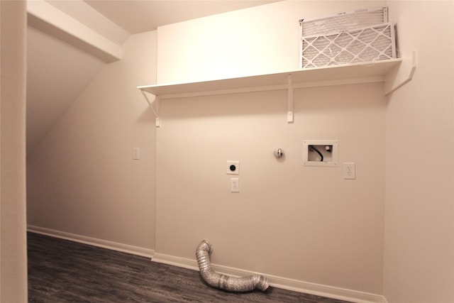 laundry area featuring hookup for an electric dryer, laundry area, dark wood-style flooring, washer hookup, and baseboards