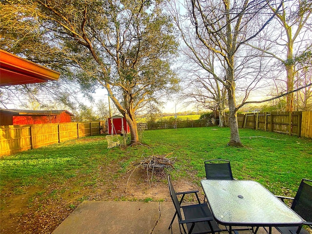 view of yard featuring a fenced backyard, a storage unit, outdoor dining area, an outdoor structure, and a patio area