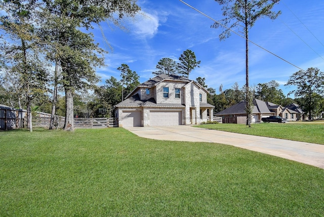 french country style house with concrete driveway, fence, and a front lawn