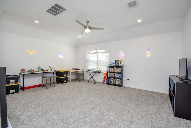 game room with recessed lighting, carpet flooring, visible vents, and a ceiling fan