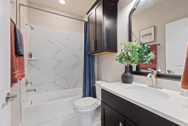 full bathroom with toilet, marble finish floor, shower / bath combo, and vanity