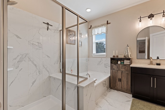 full bathroom featuring marble finish floor, a marble finish shower, recessed lighting, vanity, and a bath