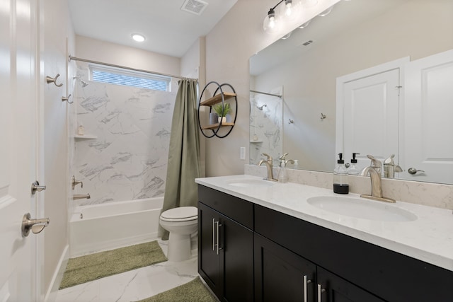 full bathroom with shower / tub combo with curtain, marble finish floor, visible vents, and a sink