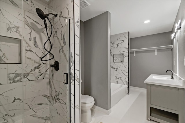bathroom with vanity, visible vents, a marble finish shower, a tub, and toilet
