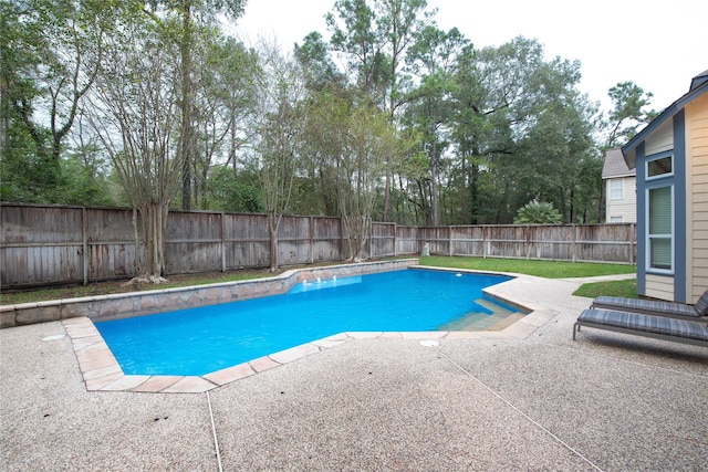 view of swimming pool featuring a patio area, a fenced backyard, and a fenced in pool