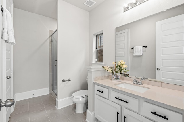 bathroom featuring toilet, a shower stall, visible vents, and vanity