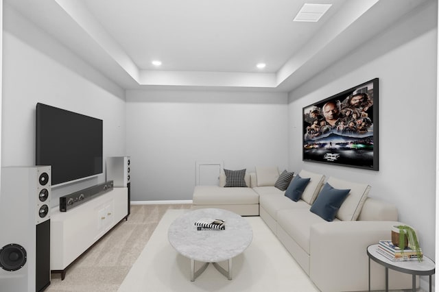 living area with recessed lighting, light carpet, visible vents, and baseboards