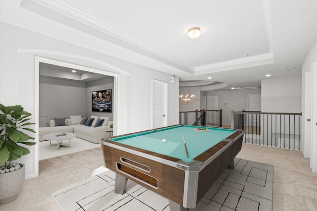 recreation room featuring carpet floors, a tray ceiling, recessed lighting, ornamental molding, and billiards