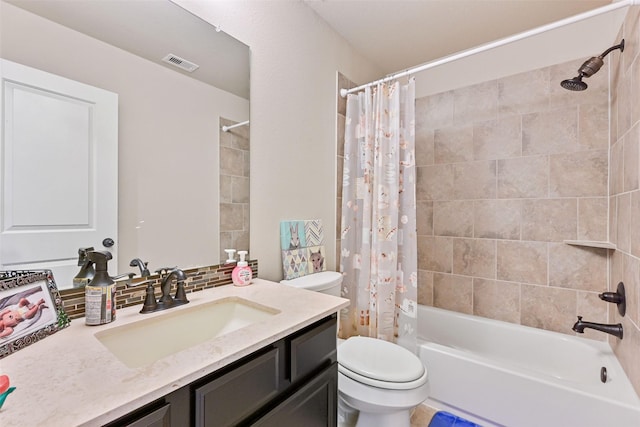 full bath with shower / tub combo, visible vents, toilet, vanity, and backsplash