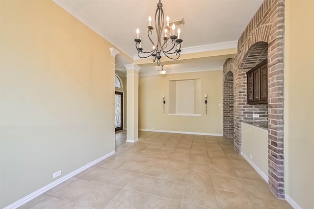 interior space with ornamental molding, baseboards, ornate columns, and light tile patterned floors