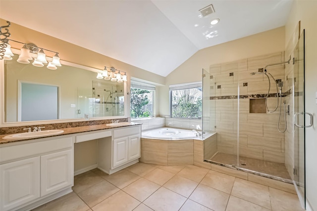 full bath with double vanity, a stall shower, lofted ceiling, a sink, and a bath