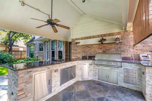 view of patio with ceiling fan, grilling area, area for grilling, and fence