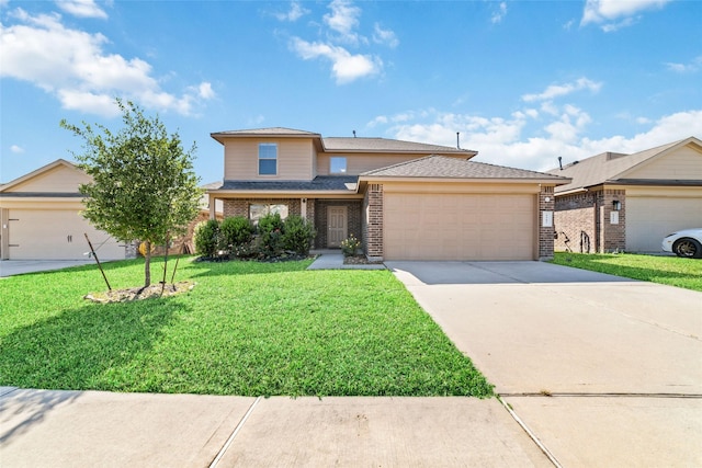 view of front facade featuring a front yard, concrete driveway, brick siding, and an attached garage