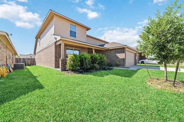 view of front of property with a garage, a front yard, and brick siding