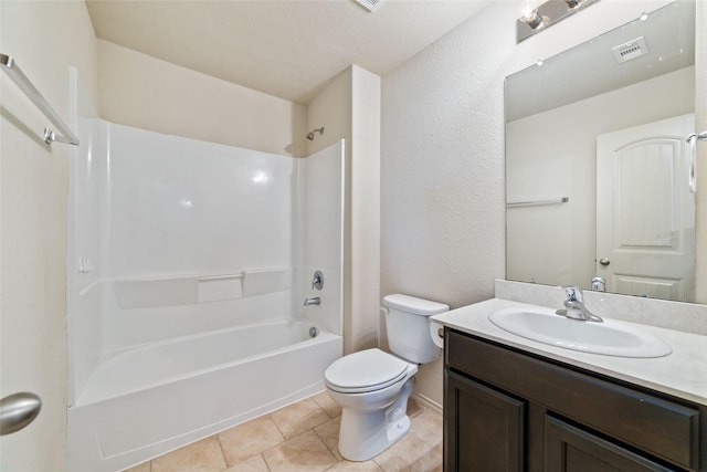 bathroom featuring bathtub / shower combination, toilet, visible vents, vanity, and tile patterned floors