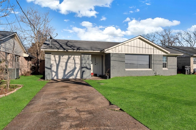 ranch-style home with brick siding, concrete driveway, board and batten siding, a garage, and a front lawn