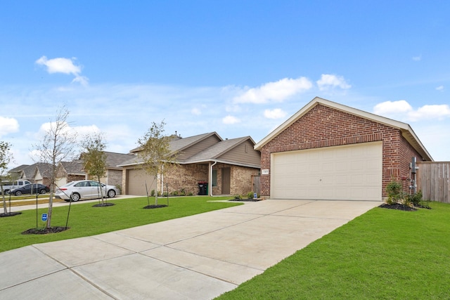 ranch-style house with a garage, driveway, brick siding, and a front yard