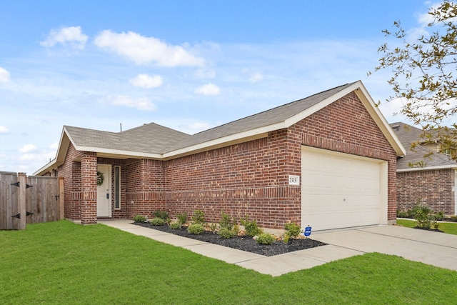 single story home featuring an attached garage, fence, a front lawn, and brick siding