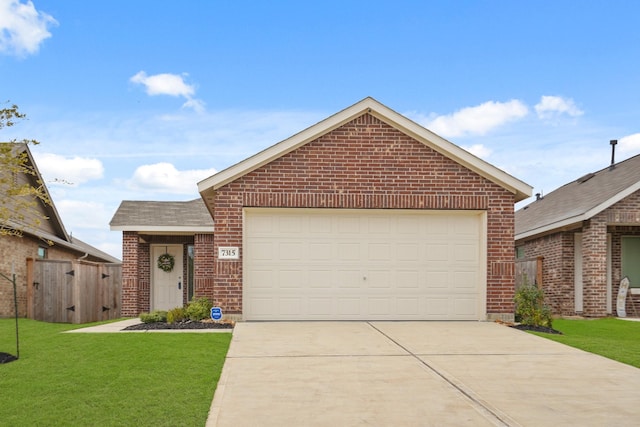 view of front of home with a garage, brick siding, fence, concrete driveway, and a front yard