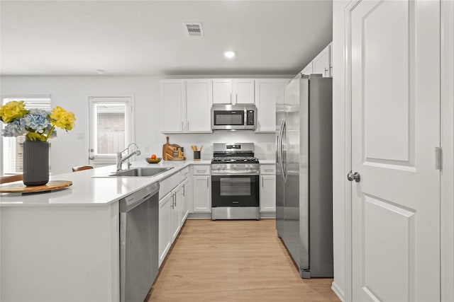 kitchen with stainless steel appliances, a sink, visible vents, white cabinetry, and light wood finished floors