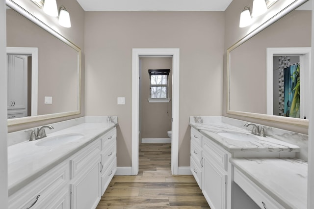 bathroom featuring wood finished floors, two vanities, a sink, and toilet