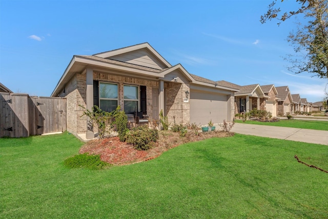 single story home featuring an attached garage, brick siding, fence, concrete driveway, and a front yard