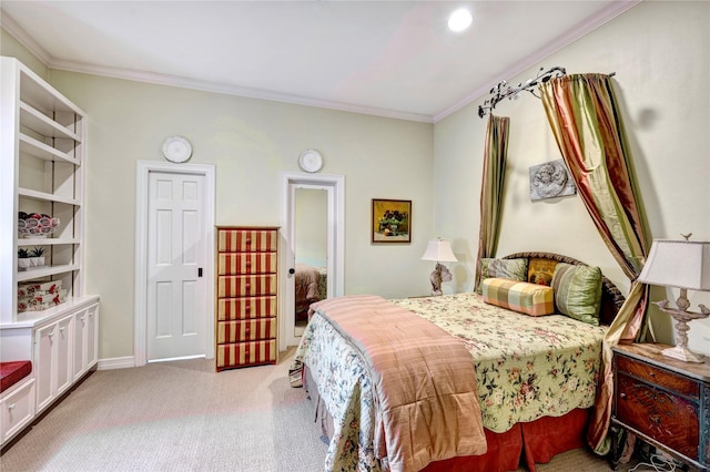 bedroom featuring crown molding and light colored carpet