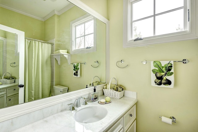 bathroom with crown molding, vanity, and a shower with shower curtain