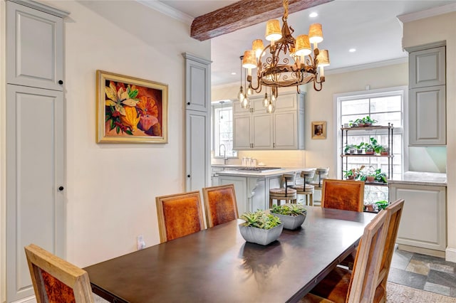 dining area with a notable chandelier, ornamental molding, beamed ceiling, and recessed lighting