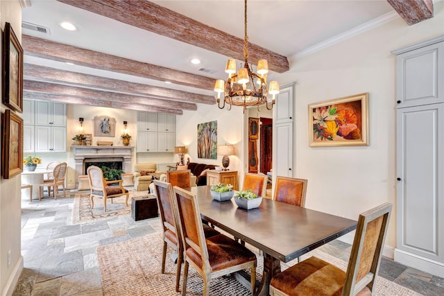 dining area featuring visible vents, a fireplace, beamed ceiling, and stone tile floors