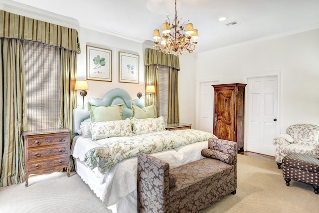 bedroom featuring light colored carpet, visible vents, crown molding, and an inviting chandelier