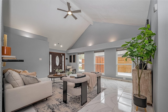 living room with visible vents, ceiling fan, beamed ceiling, marble finish floor, and high vaulted ceiling