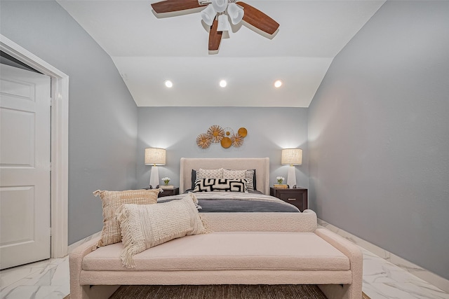 bedroom featuring ceiling fan, recessed lighting, baseboards, vaulted ceiling, and marble finish floor