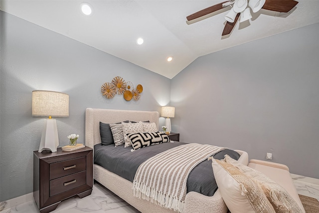 bedroom featuring a ceiling fan, lofted ceiling, marble finish floor, and recessed lighting