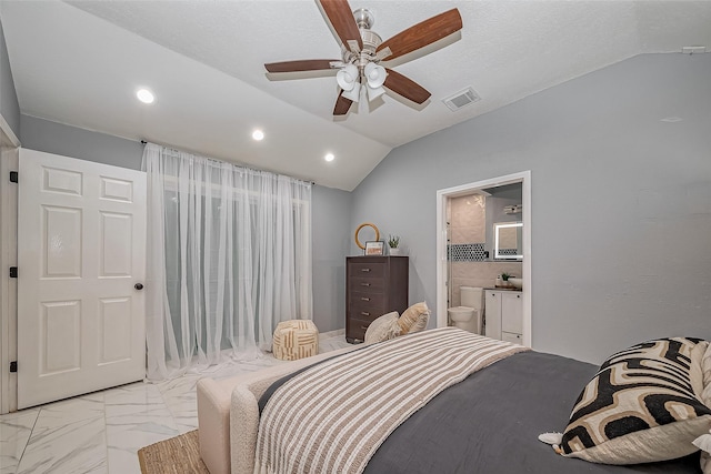 bedroom featuring marble finish floor, recessed lighting, visible vents, connected bathroom, and vaulted ceiling