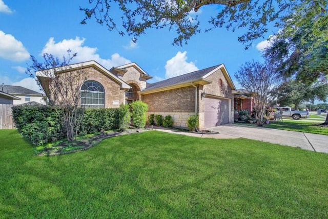 21722 Sierra Long Dr, Richmond, TX 77407 - ranch-style home featuring an attached garage, brick siding, driveway, stone siding, and a front yard