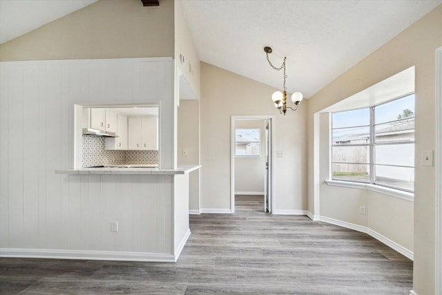 kitchen with tasteful backsplash, light countertops, lofted ceiling, wood finished floors, and white cabinets