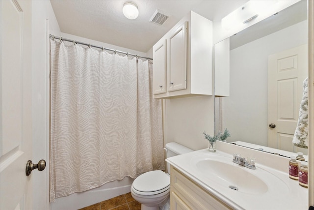 full bathroom featuring visible vents, toilet, tile patterned flooring, shower / bath combination with curtain, and vanity