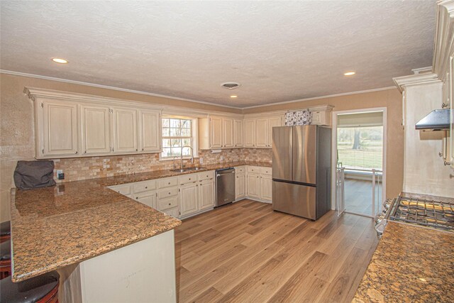 kitchen featuring extractor fan, light wood-style flooring, a peninsula, a sink, and appliances with stainless steel finishes