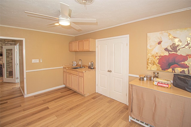 kitchen featuring light wood-style flooring, light countertops, crown molding, light brown cabinets, and a sink