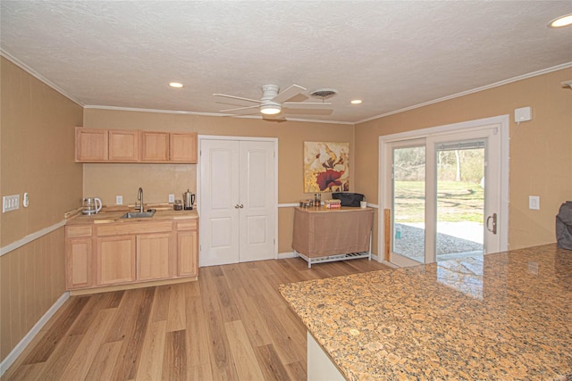 kitchen featuring a sink, visible vents, light wood-style floors, light brown cabinetry, and crown molding