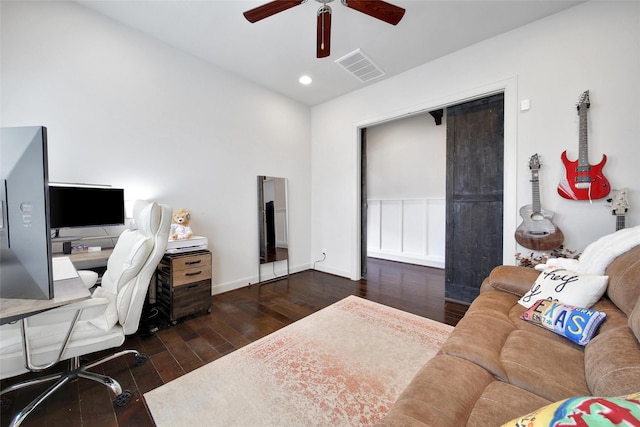 office area featuring a ceiling fan, visible vents, baseboards, recessed lighting, and wood-type flooring