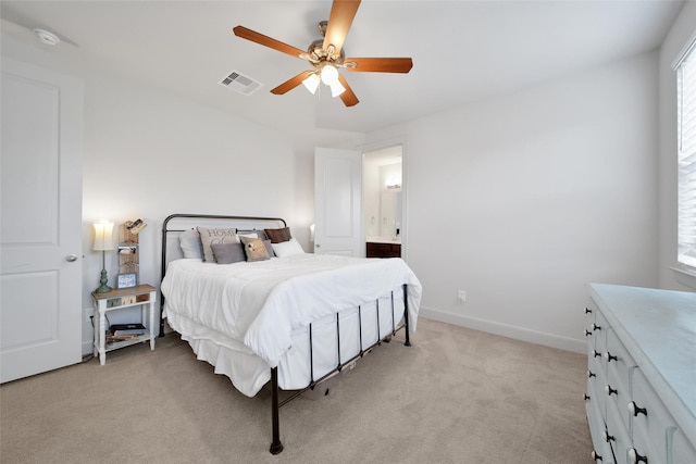 bedroom with visible vents, light carpet, baseboards, and ceiling fan