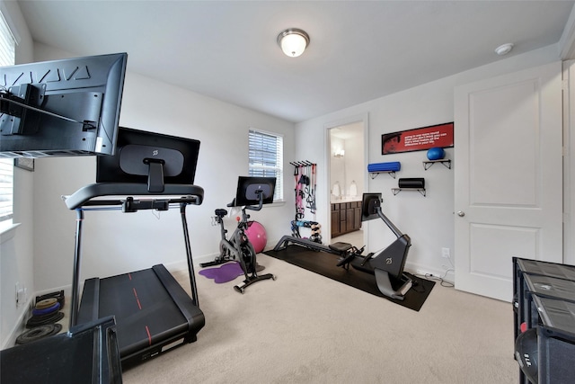 exercise room featuring carpet and baseboards