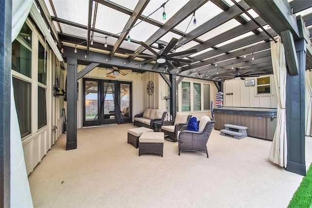 view of patio with a ceiling fan, a pergola, french doors, outdoor lounge area, and a hot tub