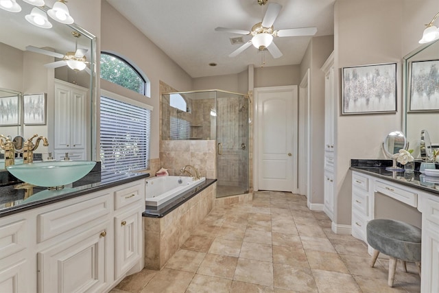 full bathroom featuring ceiling fan, a shower stall, vanity, tile patterned flooring, and a bath