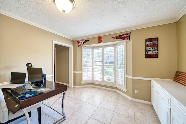 home office with light tile patterned floors, a textured ceiling, baseboards, and crown molding