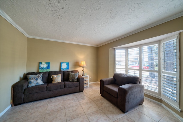 living area with baseboards, light tile patterned floors, a textured ceiling, and crown molding