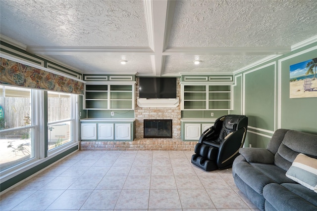 tiled living room featuring a brick fireplace, crown molding, and a textured ceiling