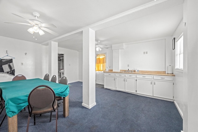 interior space with baseboards, a ceiling fan, dark colored carpet, white cabinetry, and a sink